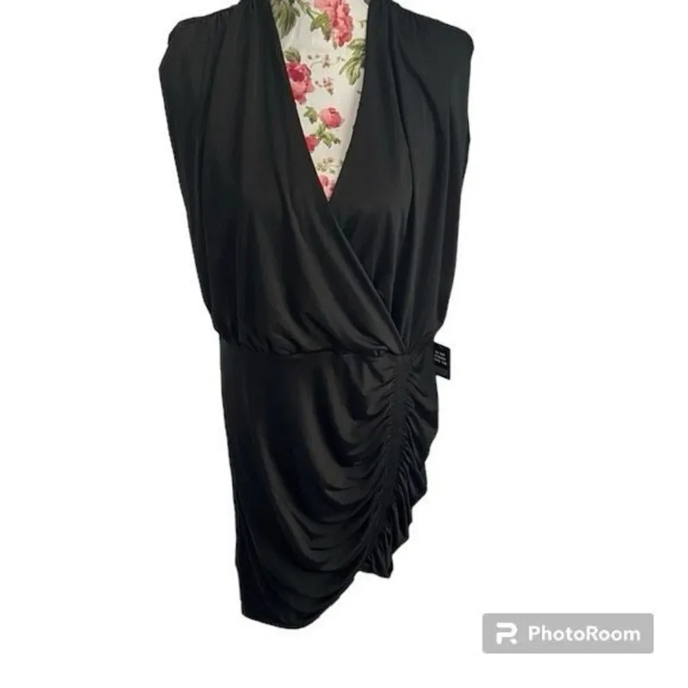 ✨NWT Express Faux Wrap V-Neck Ruched Sheath Black Sz Large Dress✨ - Picture 10 of 12
